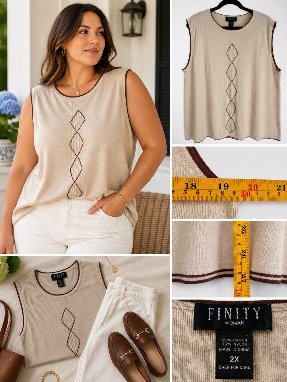 Finity Women Preppy Sleeveless Knit Top 2X Beige Brown Trim Argyle Detail